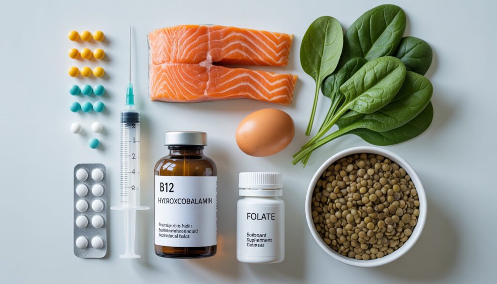 Professional organized flat lay of vitamin deficiency anemia treatment options on a clean white surface, including b12 sublingual tablets, hydroxocobalamin injection vial with syringe, folate supplement bottle, and nutrient-dense food sources (salmon, eggs, spinach, lentils) in a 4k clinical photography style.