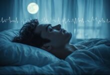 Person sleeping peacefully in dark, cool bedroom with soft moonlight filtering through curtains — serene, scientific mood with faint brain wave overlay suggesting deep sleep stages, editorial health photography