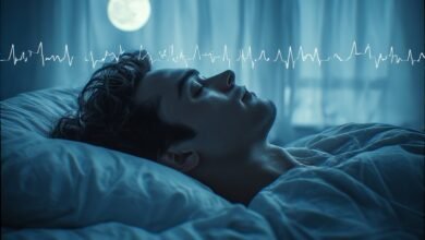 Person sleeping peacefully in dark, cool bedroom with soft moonlight filtering through curtains — serene, scientific mood with faint brain wave overlay suggesting deep sleep stages, editorial health photography