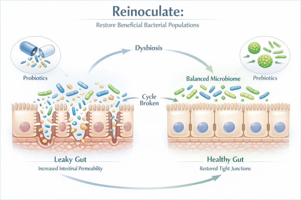 Cross-section of intestinal lining showing increased intestinal permeability (“leaky gut”) with widened tight junctions on the left, transitioning to restored tight junction integrity on the right; balanced, diverse beneficial bacteria