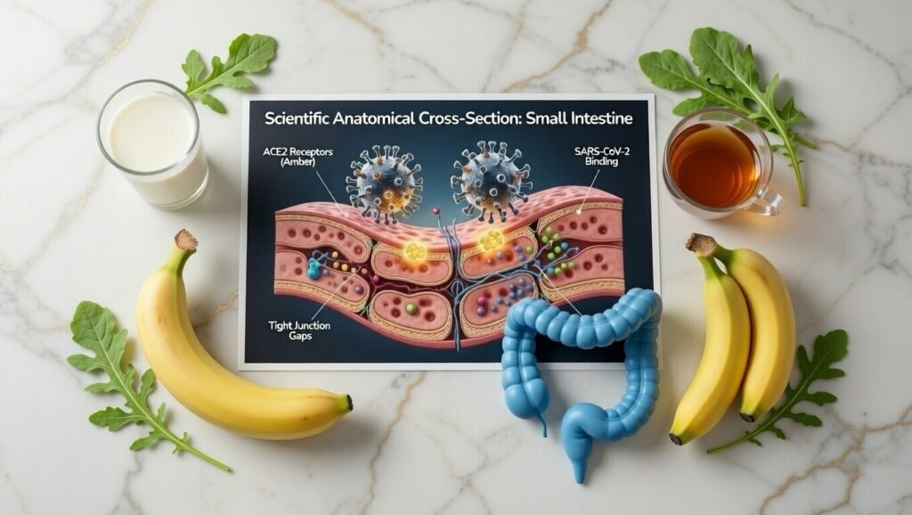 Post-covid digestive issues: scientific anatomical cross-section illustration of the small intestine showing ace2 receptor sites.