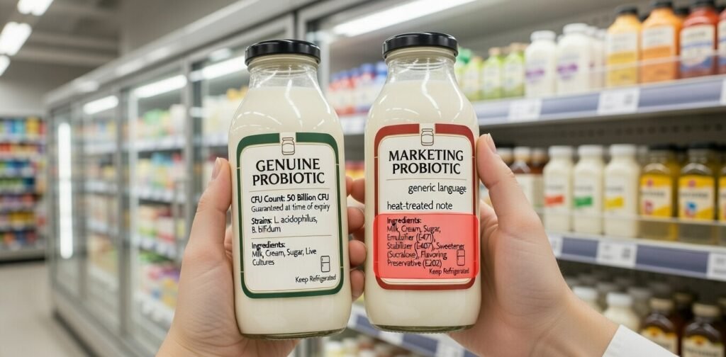 Inside a refrigerated supermarket aisle, a shopper compares two kefir bottles by reading their labels. One bottle features a simple, clean ingredient list containing milk and live cultures along with a visible lac seal, while the other displays an extended list of ingredients with sweeteners and emulsifiers emphasized using a red overlay.