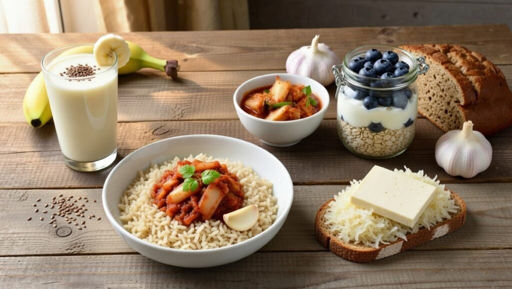 Clinical luxury 4k photograph of a full-day gut-health meal plan, featuring distinct probiotic and prebiotic pairings on a wooden table, including kimchi, yogurt, and specific fibers, with soft light.