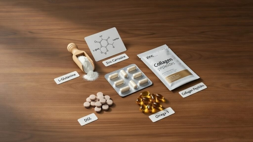 A clinical flat lay of essential nutrients for leaky gut repair protocol: white l-glutamine powder in a wooden scoop next to its molecular structure diagram, zinc carnosine capsules, a collagen peptide sachet, dgl chewable tablets, and omega-3 fish oil capsules on a minimalist white surface (2026 guide). "