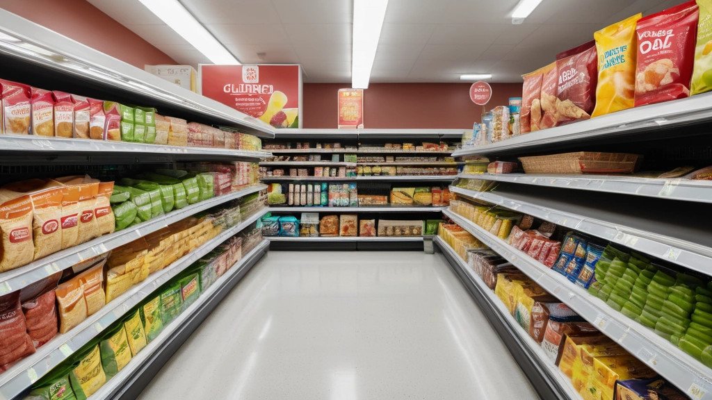 Ultra-Processed Foods And Ibs: What 2026 Research Really Shows 2 A supermarket aisle under harsh fluorescent lighting, filled with brightly packaged ultra-processed foods and ibs triggers like chips, diet sodas, and processed meats, clinical luxury photograph style.