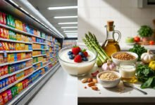 A supermarket aisle of brightly packaged ultra-processed foods, chips, diet sodas, ultra-processed foods