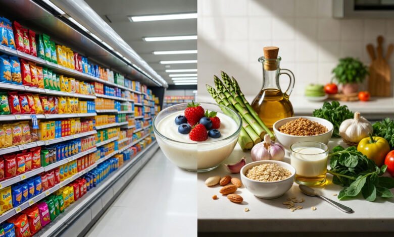 Ultra-Processed Foods And Ibs: What 2026 Research Really Shows 1 A supermarket aisle of brightly packaged ultra-processed foods, chips, diet sodas, ultra-processed foods