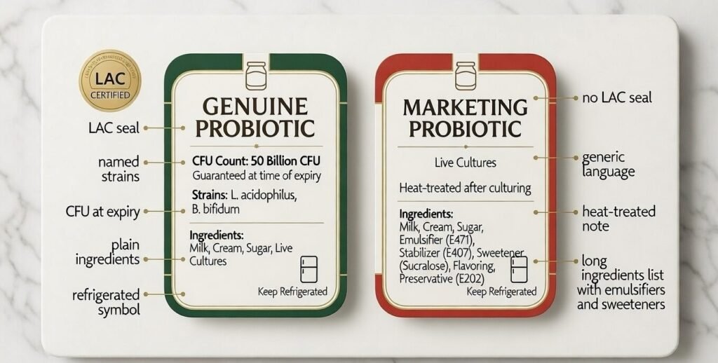 Side-by-side comparison of two how to read probiotic food labels product labels: genuine probiotic label (left, green border) showing lac seal, named strains, cfu at expiry, plain ingredients, refrigerated symbol; marketing probiotic label (right, red border) showing no lac seal, generic "live cultures" language, "heat-treated after culturing" note, long ingredients list with emulsifiers and sweeteners