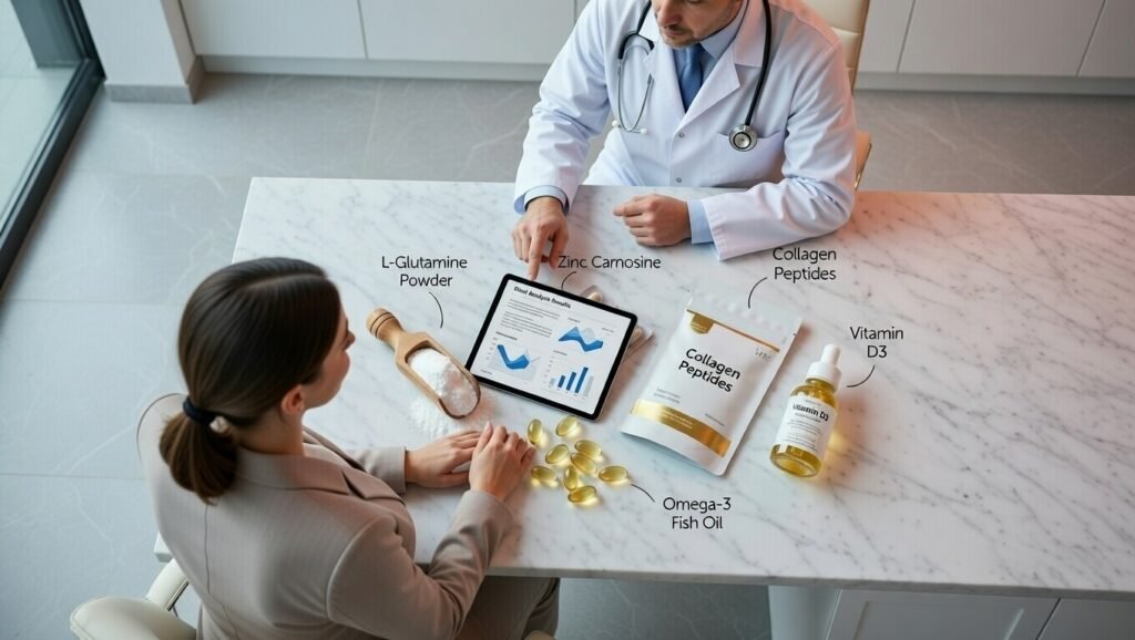Medical consultation scene showing a patient and gastroenterologist reviewing post-covid digestive test results, representing the professional evaluation recommended for persistent gut symptoms in 2026.