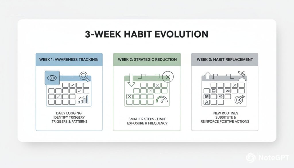21-day calendar showing three progressive weekly phases from awareness tracking through strategic reduction to sustainable habit formation.  