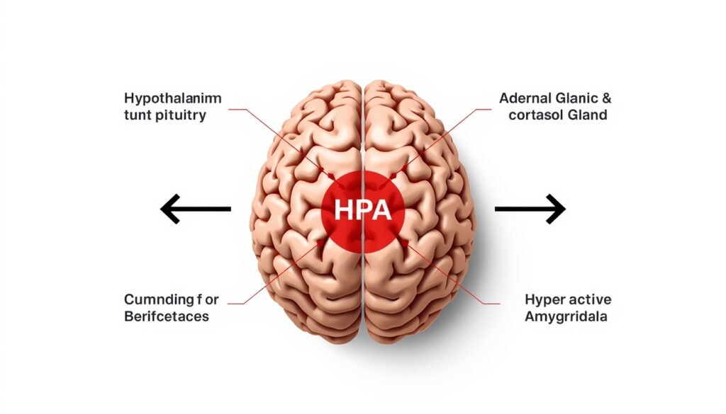 Diagram of hpa axis stress response showing how chronic cortisol release shrinks the hippocampus and amplifies amygdala reactivity in burnout and chronic anxiety states.  