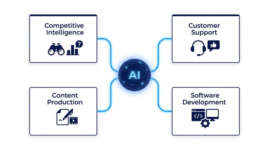 Diagram showing central ai agent node connected to four business scenario cards: competitive intelligence, customer support, content production, software development