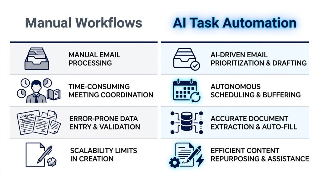 Nfographic comparing manual workflows vs ai task automation across email, scheduling, data entry, and content creation.
