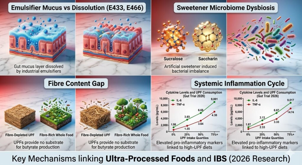 Ultra-Processed Foods And Ibs: What 2026 Research Really Shows 4 A scientific four-panel infographic detailing the biological mechanisms of ultra-processed foods and ibs, including mucus dissolution, microbiome dysbiosis, and systemic inflammation.
