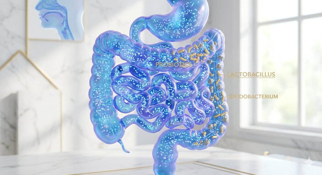 An abstract, elegant illustration of the human digestive tract, with a transparent view showing thousands of tiny, glowing blue and purple probiotic bacteria, illustrating the powerful effect that the best probiotic foods have on gut colonization and health.