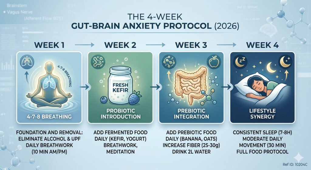 4-week gut-brain anxiety protocol summary calendar for microbiome restoration