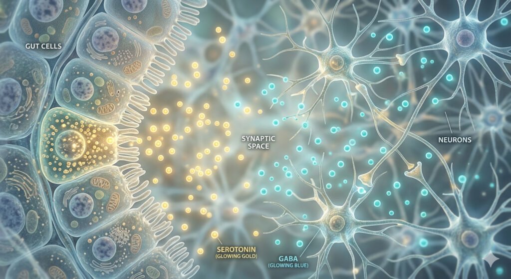 Microscopic 4k illustration showing an abstract visualization of neurotransmitters (serotonin and gaba) as glowing molecules floating and actively interacting between gut cells and neurons in the gut-brain axis for gut-brain anxiety communication in 2026.
