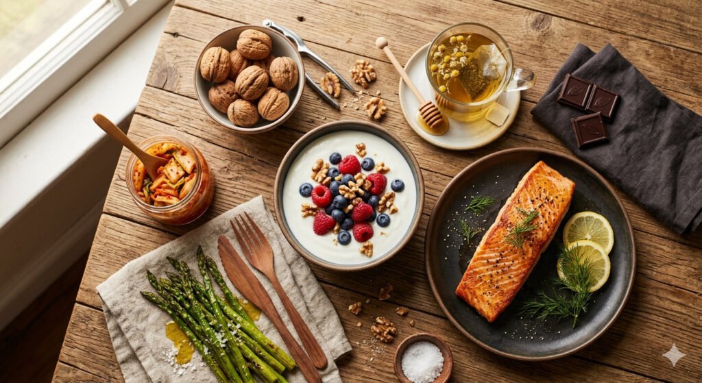Beautiful food photography flat lay capturing a balanced arrangement of anxiety-reducing foods on a warm wooden table: kefir, dark chocolate, walnuts, chamomile tea, asparagus, kimchi, and salmon fillet for gut microbiome health in 2026.