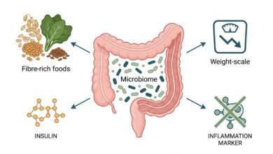 Fibermaxxing &Amp; Metabolic Health: The Gut-Weight Connection (2026 Guide) 7 Scientific infographic illustrating the fibermaxxing & metabolic health connection, showing a stylised colon cross-section surrounded by four outward-pointing clusters representing gut microbiome diversity, weight reduction, insulin sensitivity, and reduced inflammation. Clean white background with no people or photography.