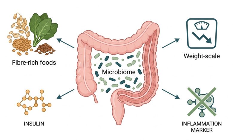 Fibermaxxing &Amp; Metabolic Health: The Gut-Weight Connection (2026 Guide) 1 Scientific infographic illustrating the fibermaxxing & metabolic health connection, showing a stylised colon cross-section surrounded by four outward-pointing clusters representing gut microbiome diversity, weight reduction, insulin sensitivity, and reduced inflammation. Clean white background with no people or photography.