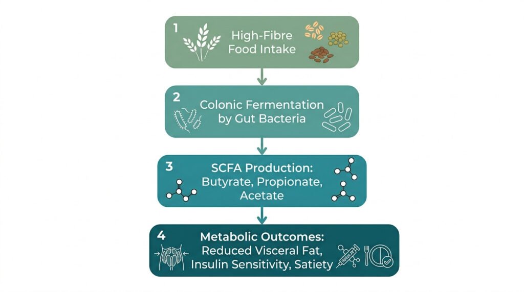 Fibermaxxing &Amp; Metabolic Health: The Gut-Weight Connection (2026 Guide) 2 Clinical flowchart infographic depicting the four-node short-chain fatty acid pathway linking high dietary fibre intake to fibermaxxing & metabolic health outcomes: food intake, colonic fermentation, scfa production, and downstream metabolic benefits including visceral fat reduction and insulin sensitivity. White background, no people