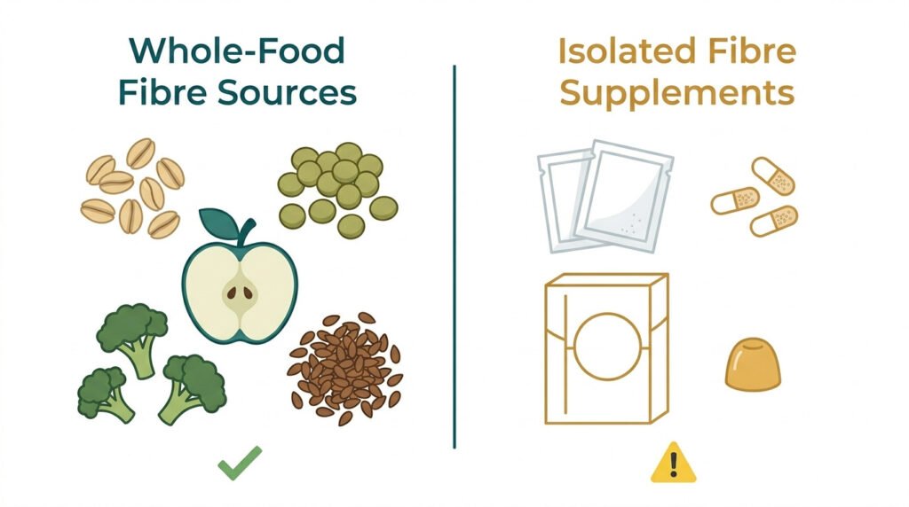 Fibermaxxing &Amp; Metabolic Health: The Gut-Weight Connection (2026 Guide) 3 Comparison infographic contrasting whole-food fibre sources (oats, lentils, apples, broccoli, flaxseed) against isolated fibre supplements (powder sachets, capsules, fortified cereals), illustrating the evidence distinction relevant to fibermaxxing & metabolic health outcomes. Clean white background, illustrated icon style, no people or text overlays