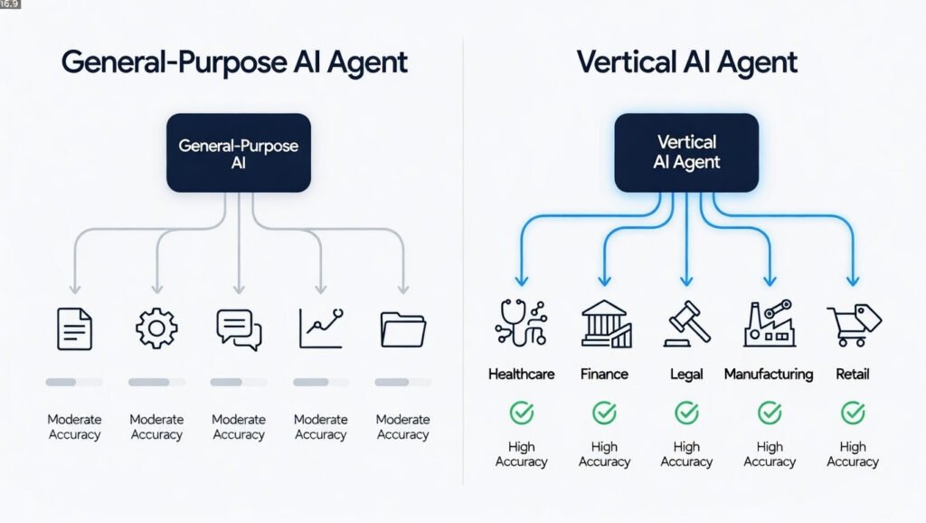 Vertical ai agents with domain-specific accuracy compared to general-purpose ai agent moderate performance across industries.