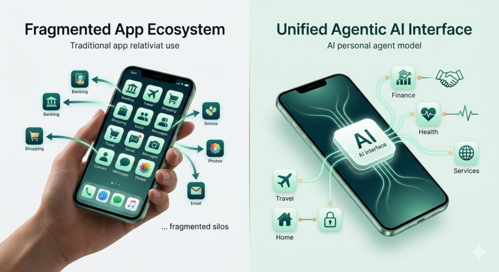 Visualizing the fragmented app ecosystem (left) versus the unified ai personal agent interface (right).