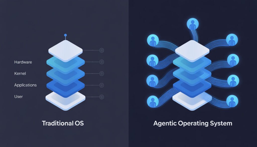 Agentic operating system dynamic agent layers compared to passive traditional os architecture agentic operating system dynamic agent layers compared to passive traditional os architecture