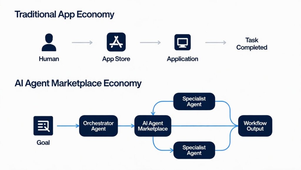 Ai agent marketplace economy flow compared to traditional app economy transaction model