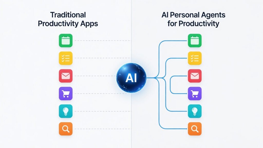 Ai personal agents for productivity compared to traditional apps—unified automation vs fragmented manual tools.