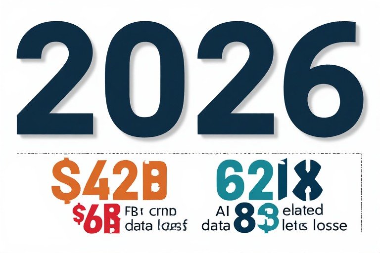 Cybersecurity in 2026 statistics infographic showing four key data points: $4. 88m average breach cost, $16. 6b fbi cybercrime losses, 68% ai-related data leaks, and 33% year-on-year increase in reported losses — flat design on white background.
