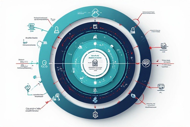 Zero trust architecture diagram for cybersecurity in 2026 — three concentric verification rings showing device verification, identity and access management, and protected data core, with red threat actor arrows blocked at each layer. White background, flat design.