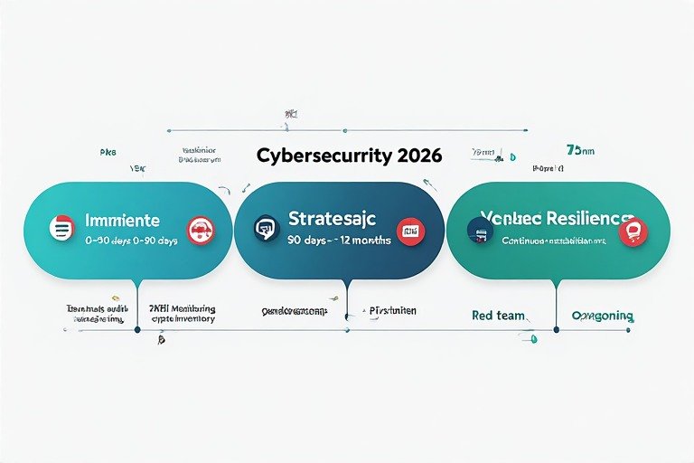 Cybersecurity 2026 three-phase action roadmap infographic showing immediate actions (mfa, identity audit, backup testing), strategic investments (zero trust, ai monitoring, cryptographic inventory), and continuous resilience activities — flat design on white background.