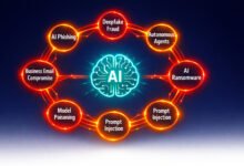 Ai-powered cyberattacks 2026 infographic — seven glowing threat nodes (ai phishing, deepfake fraud, autonomous agents, ai ransomware, prompt injection, model poisoning, business email compromise) arranged around a central ai brain icon on a navy background.