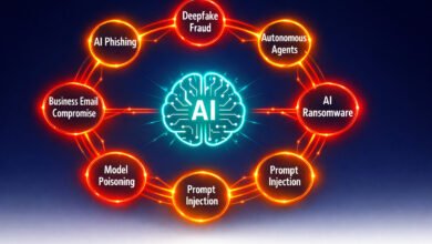Ai-powered cyberattacks 2026 infographic — seven glowing threat nodes (ai phishing, deepfake fraud, autonomous agents, ai ransomware, prompt injection, model poisoning, business email compromise) arranged around a central ai brain icon on a navy background.