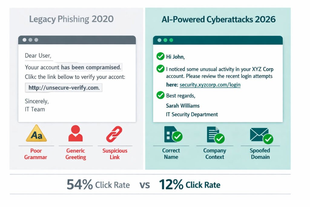 Ai-powered cyberattacks 2026 phishing evolution — split comparison showing legacy phishing with obvious red flags versus ai-generated personalised phishing with 54% click-through rate against 12% for human-crafted attempts, on a white background