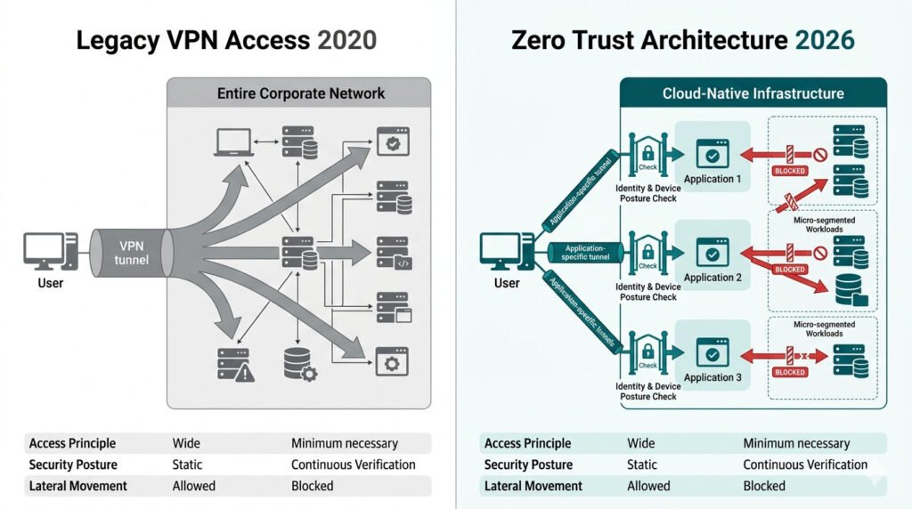 Zero trust architecture 2026 vs legacy vpn comparison — left panel shows vpn broad network access with lateral movement risk, right panel shows ztna application-specific tunnels with zero trust verification gates blocking lateral movement. White background, flat design.