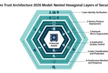 Zero trust architecture 2026 implementation model — six concentric hexagonal layers from user identity verification to continuous monitoring, surrounding a protected assets vault at the core. Clean white background, flat design, progressive teal shading.