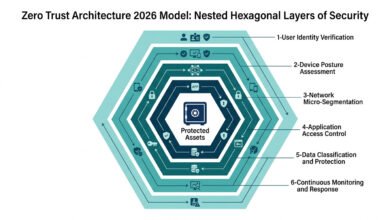 Zero trust architecture 2026 implementation model — six concentric hexagonal layers from user identity verification to continuous monitoring, surrounding a protected assets vault at the core. Clean white background, flat design, progressive teal shading.