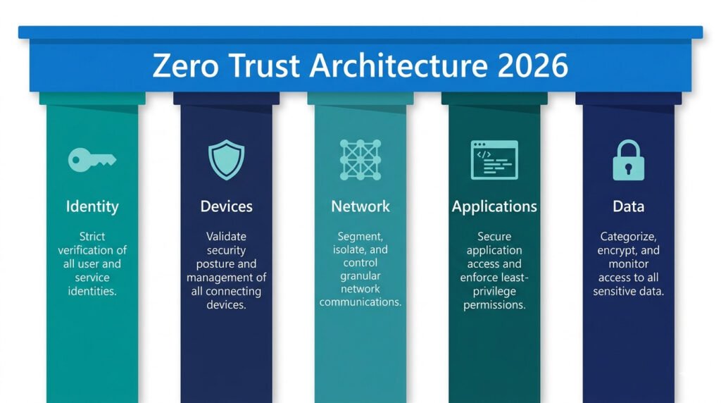 Zero trust architecture 2026 five pillars infographic — identity, devices, network, applications, and data shown as five vertical columns supporting a unified zero trust framework, with icons and short descriptors, white background, flat design.