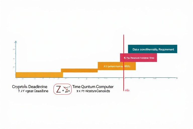 Post-quantum cryptography (pqc) 2026 mosca's theorem diagram — three stacked timeline bars representing data confidentiality requirement, migration time, and quantum computer arrival window, with a red warning line showing where migration must begin. White background, flat design