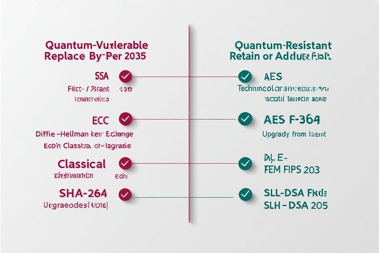 Post-quantum cryptography 2026 algorithm classification — two-column infographic comparing quantum-vulnerable algorithms requiring replacement (rsa, ecc, ecdh, diffie-hellman) against quantum-resistant algorithms to retain or adjust (aes-256, sha-384, ml-kem, ml-dsa, slh-dsa). White background.