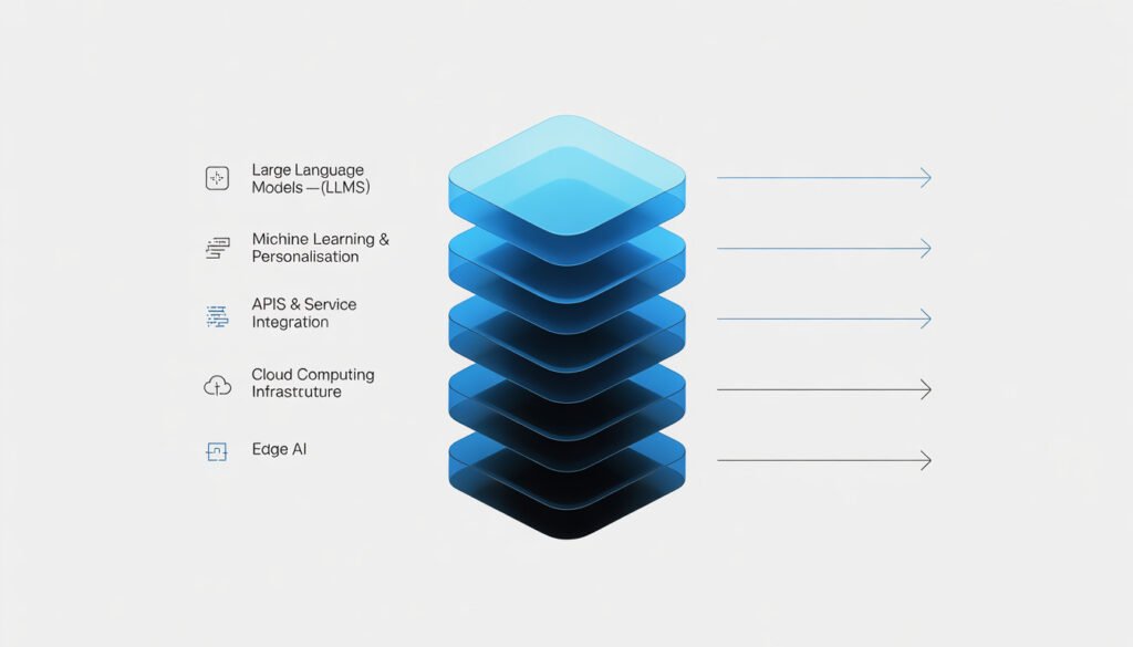 Five-layer technology stack diagram illustrating the core components of ai personal agents