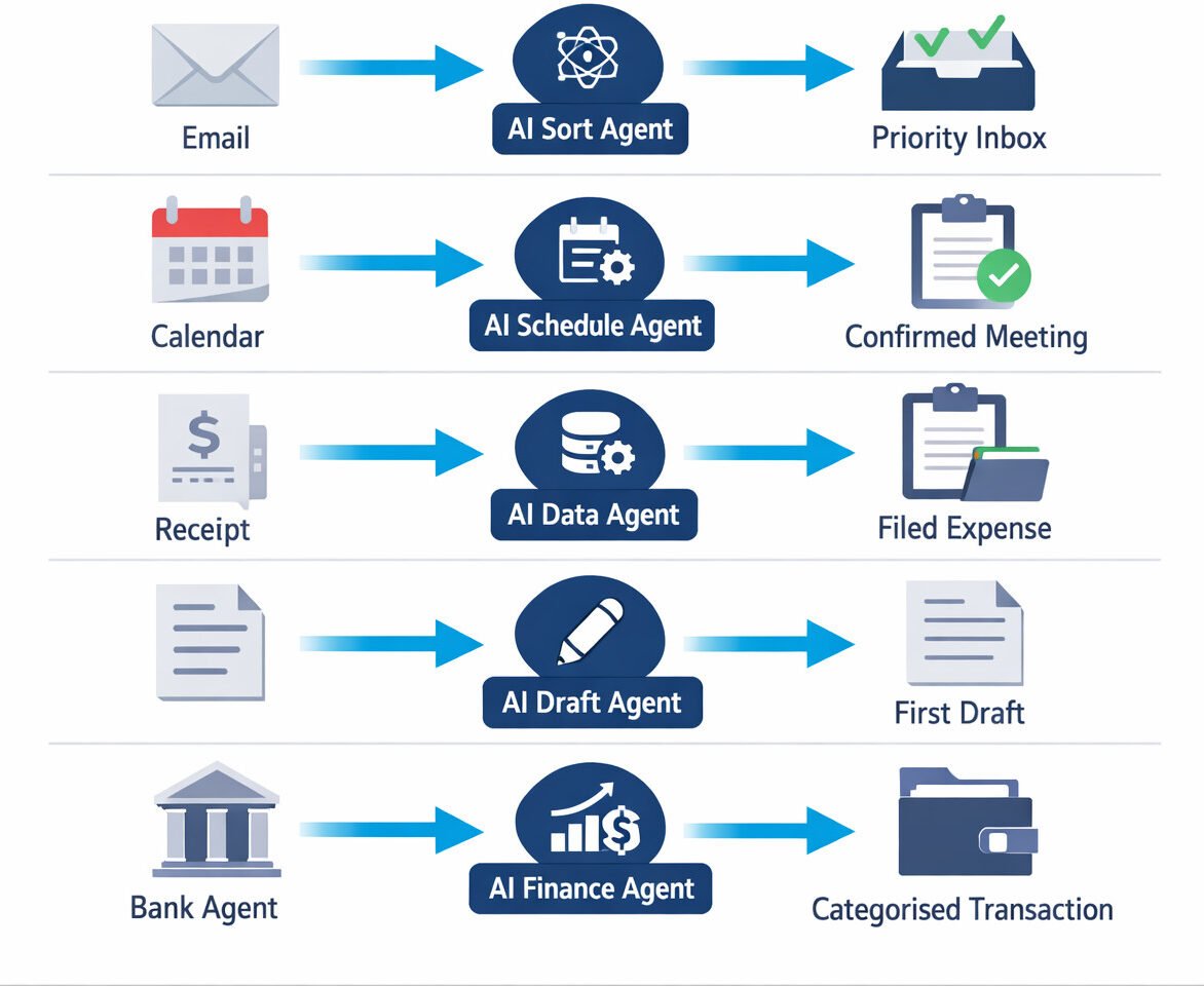 Five ai task automation use cases showing automated workflows for email, scheduling, data entry, content, and finance.