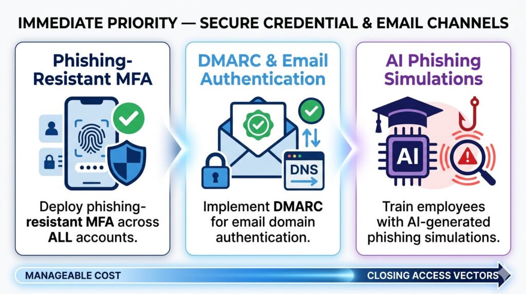 Infographic showing immediate steps to close initial access vectors for ai-powered attacks by implementing phishing-resistant mfa, dmarc, and ai-phishing simulations.