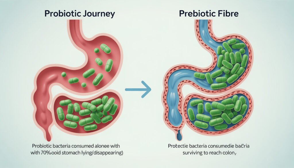 Infographic comparing probiotic survival rates alone vs. With prebiotic fibre protection in the human digestive tract, clinical luxury style