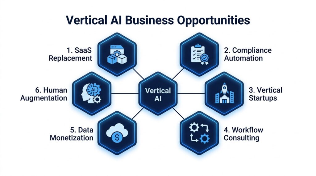 Infographic showing 6 business opportunities for vertical ai including saas replacement and compliance automation.