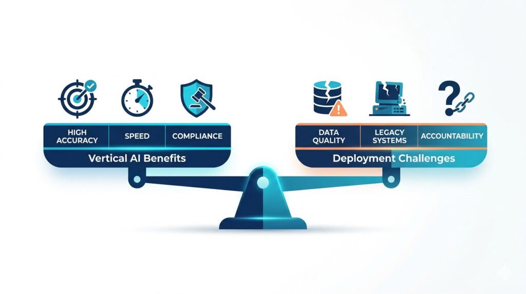 Conceptual illustration of a balance scale comparing vertical ai benefits like accuracy with challenges like legacy system integration.