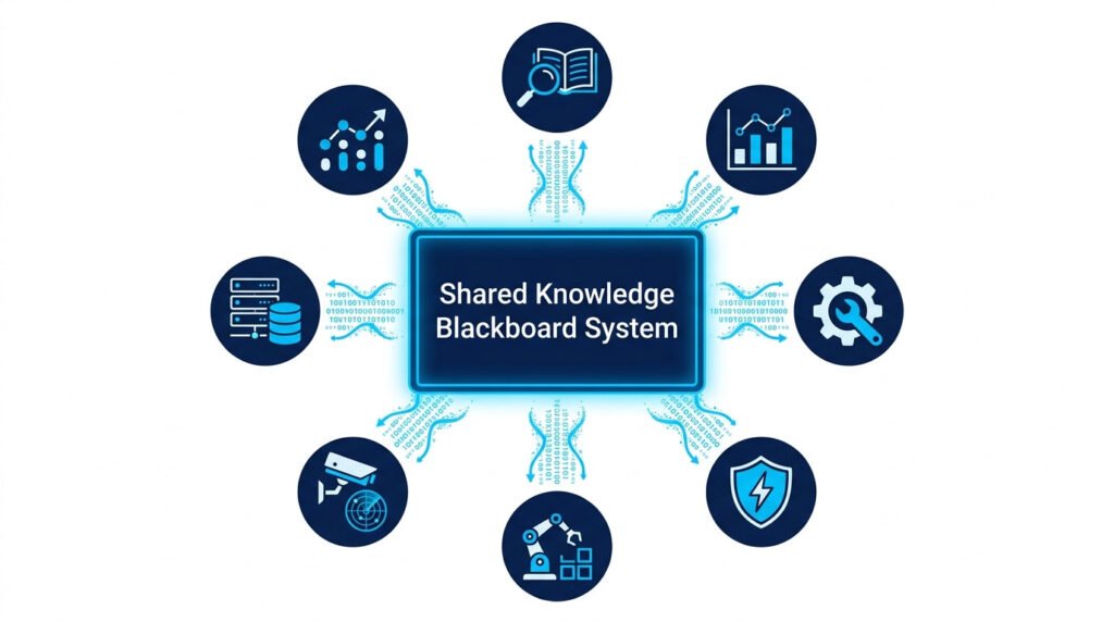 Conceptual illustration of a multi-agent system's 'shared knowledge blackboard system. ' specialized ai agent icons surround a central glowing electric blue panel, with data streams only flowing to the central panel, not directly between agents